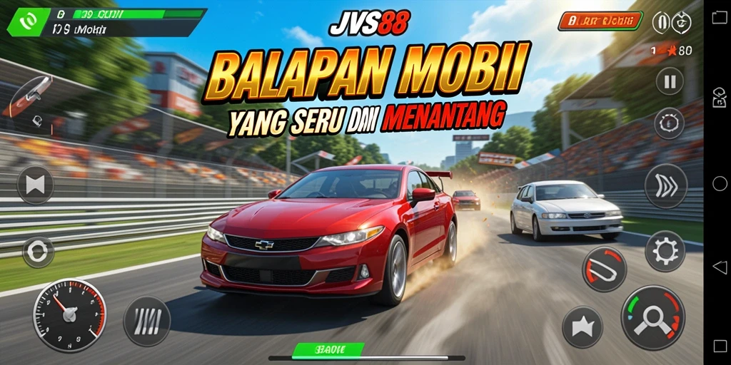 Tampilan antarmuka <strong>JVS88</strong> saat balapan menampilkan mobil-mobil yang siap berkompetisi.