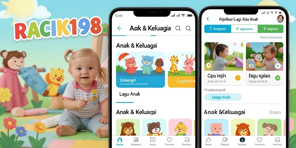 Antarmuka pengguna aplikasi RACIK198 dengan fitur Lagu Anak yang ceria.